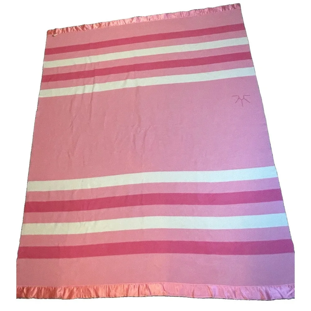 Vtg Baron Woolen Mills Wool Blanket Pink White Stripe Satin Trim 70